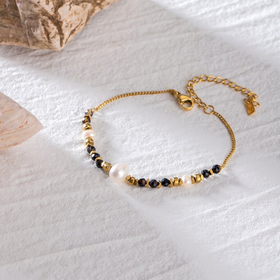 1 Stück Simple Series Elegante Perlen Edelstahl 18 Karat vergoldet Naturstein Damen Charm Armbänder